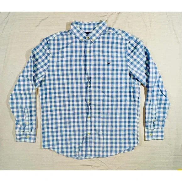 Vineyard Vines Slim Fit Whale Shirt Blue Check Long Sleeve‎ Button Up Size Large - Picture 2 of 8